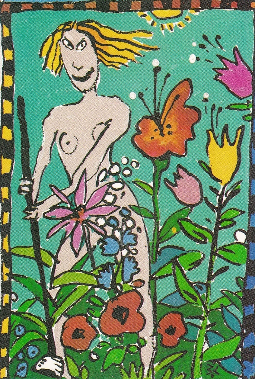 A drawing of a person in a garden Description automatically generated