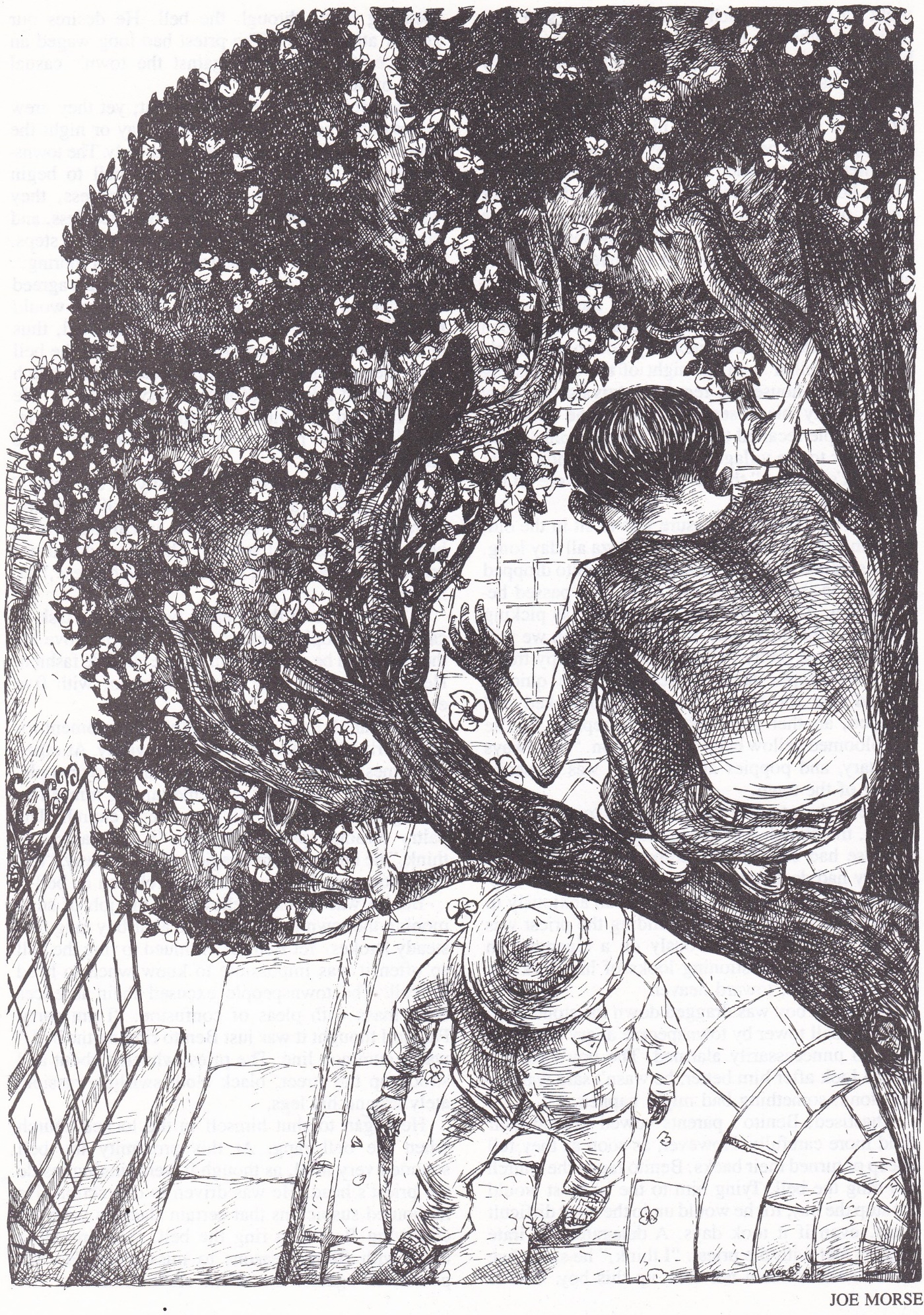 A drawing of a person and a child climbing a tree
Description automatically generated